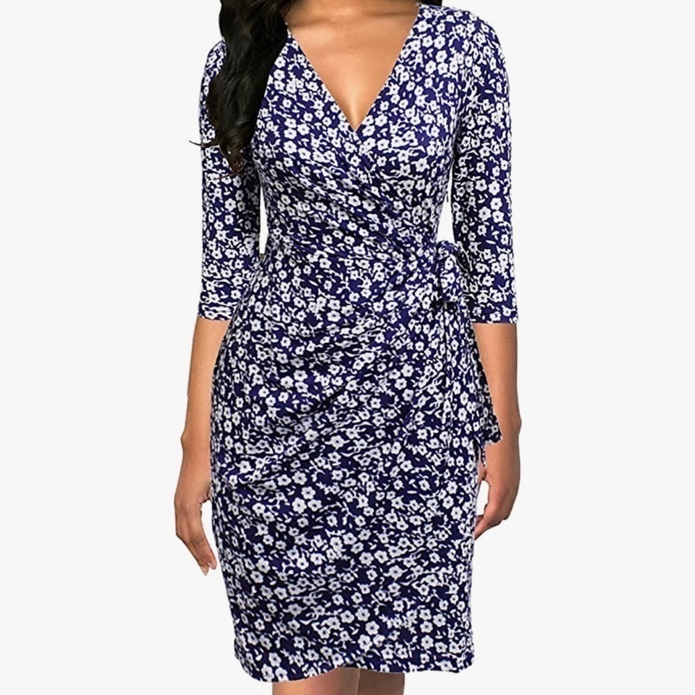 ⭐️berydress 3/4 Sleeve V-Neck Faux Wrap Floral Print Dress⭐️